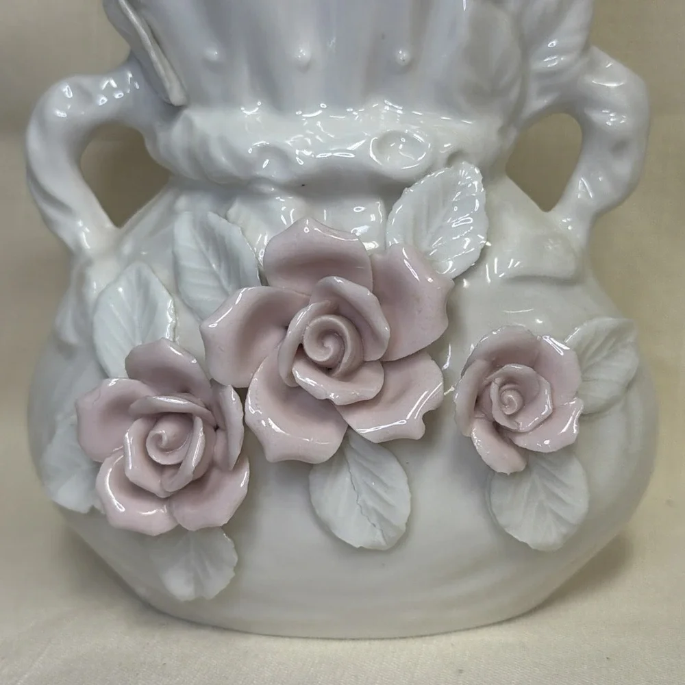 Vintage White Ribbed Vase Applied Pink Roses Leaves Small Flowers